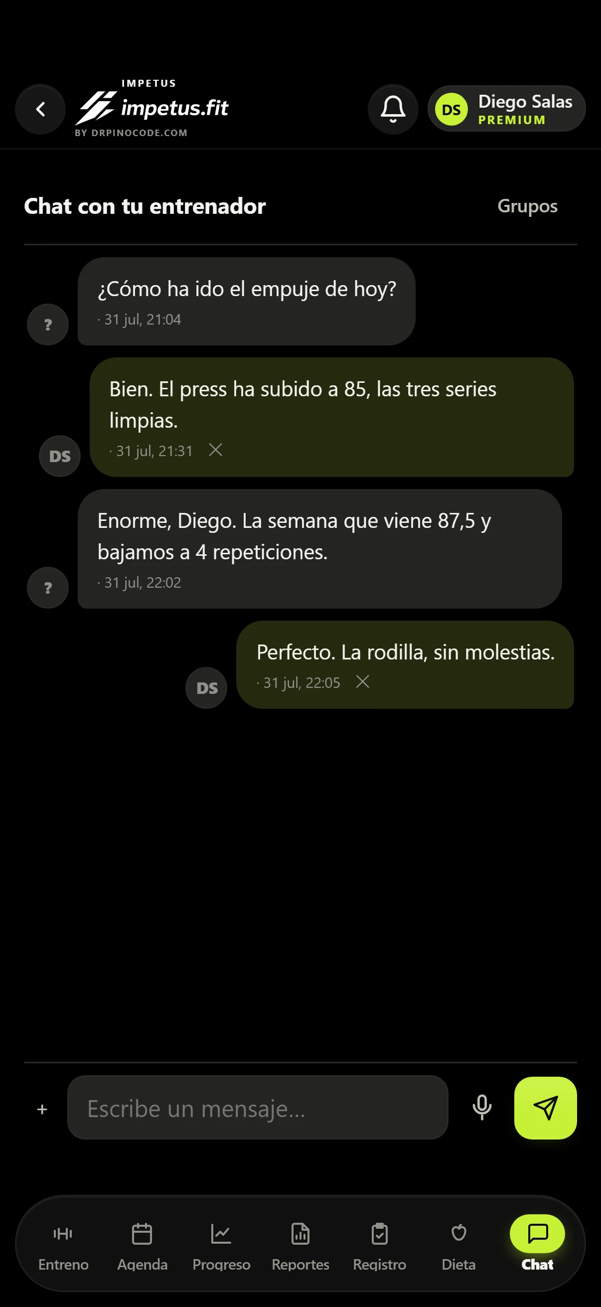 Chat directo entre atleta y entrenador