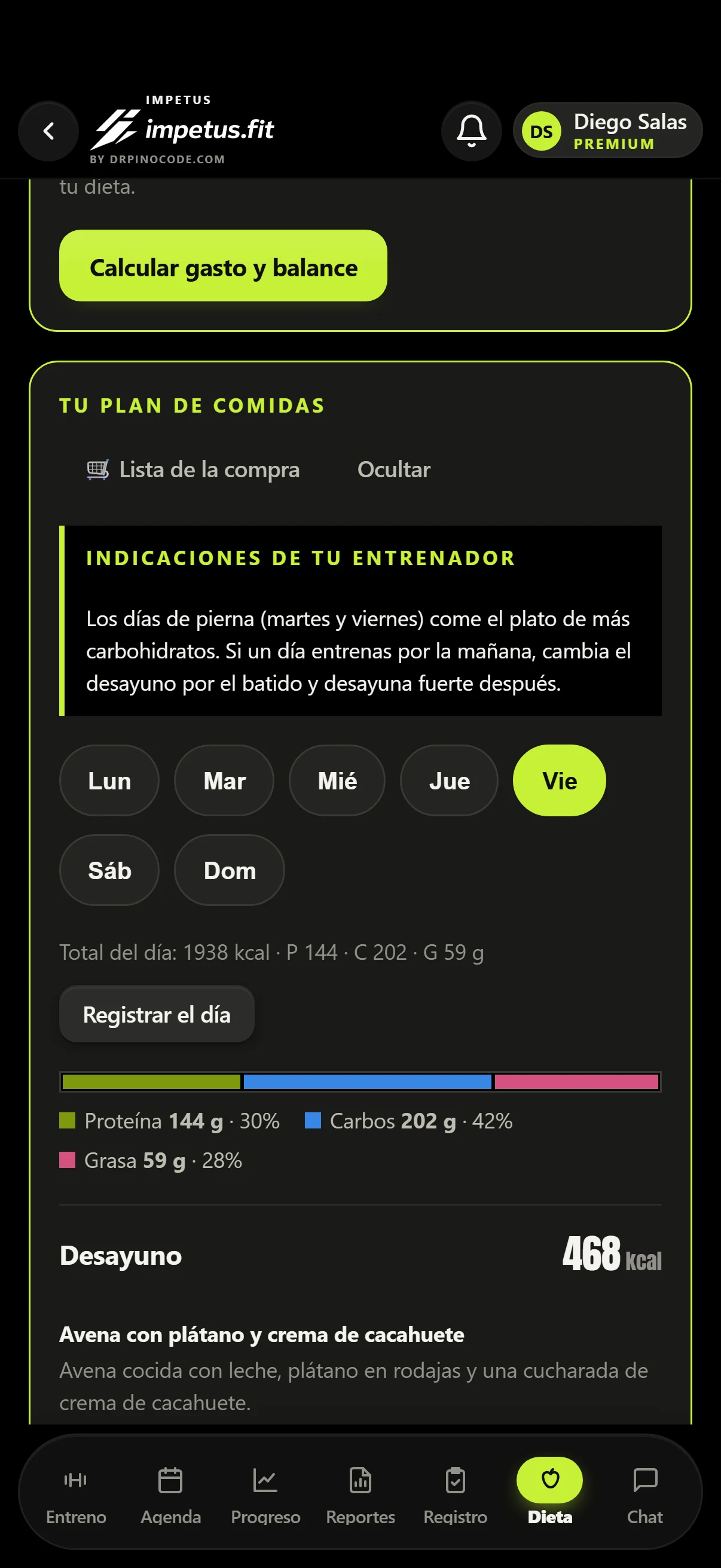 Menú nutricional semanal con alternativas, calorías y macronutrientes