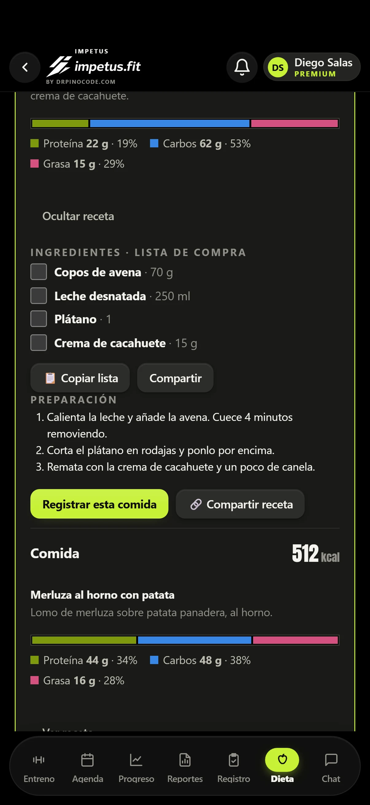 Resultado nutricional y receta en impetus.fit
