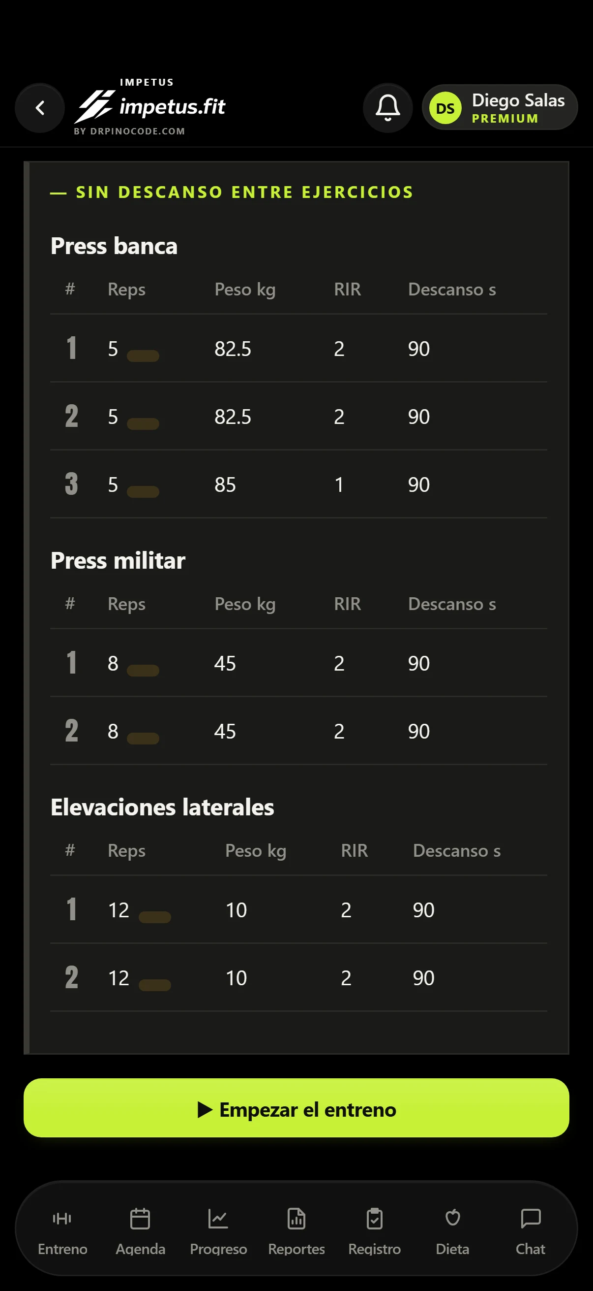 Registro de entrenamiento serie a serie