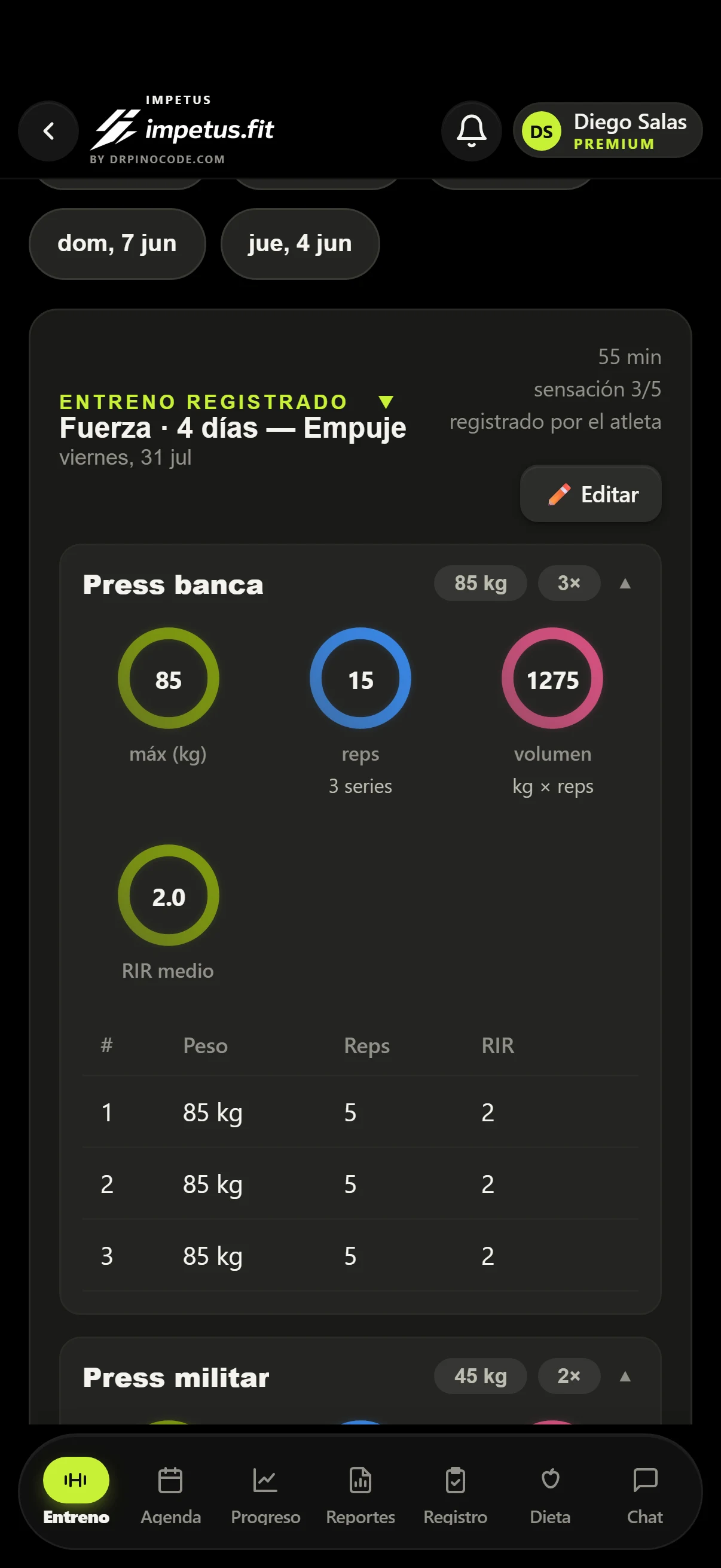 Histórico completo de una sesión de entrenamiento