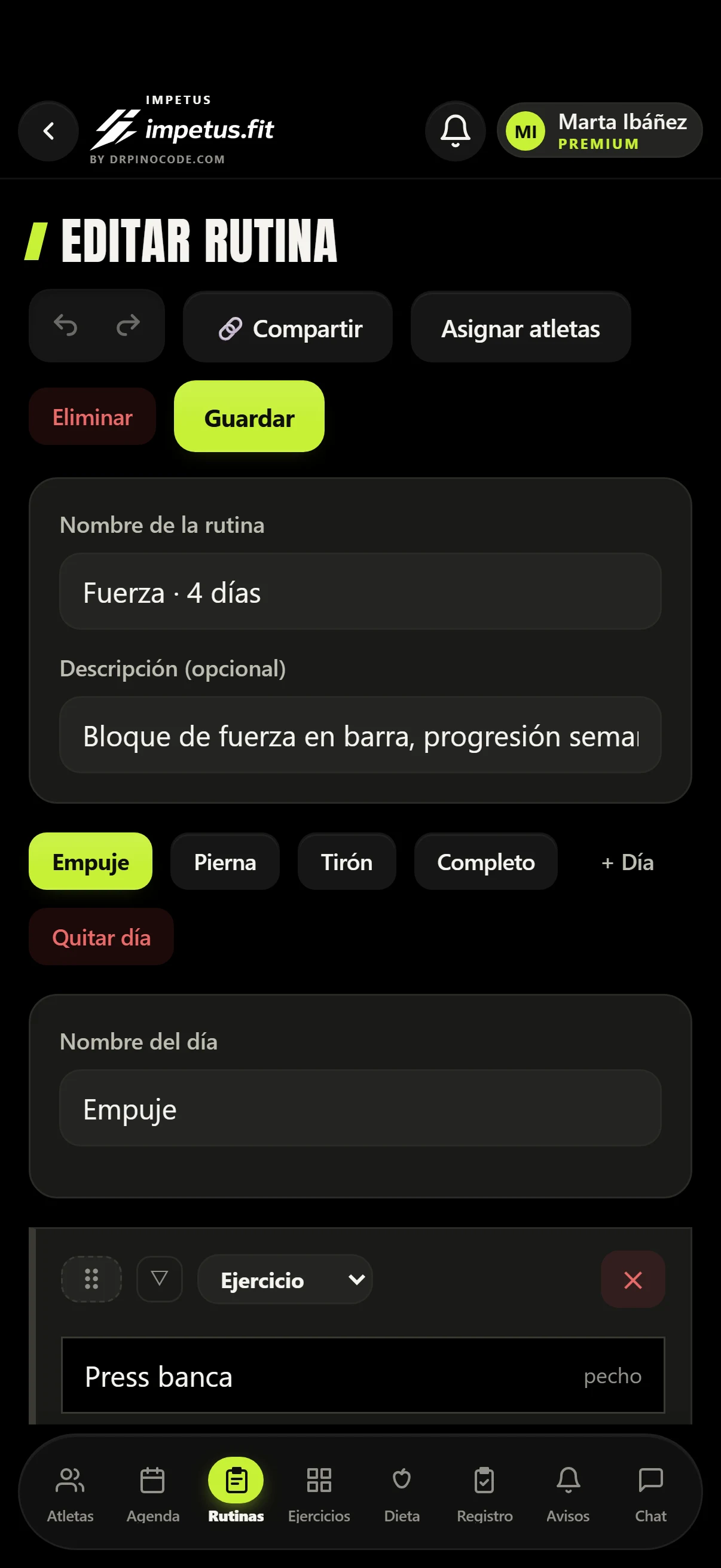 Editor de rutinas de impetus.fit